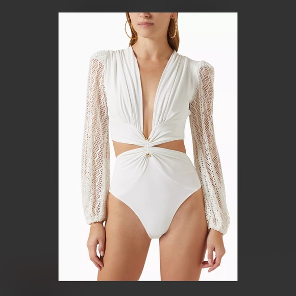 PatBO Plunge Netted Sleeve swimsuit - Picture 2 of 9